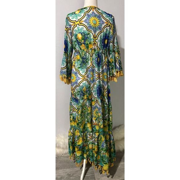 Antica Sartoria NWT lemons blue floral pattern beaded tie front long maxi cover - Picture 15 of 16